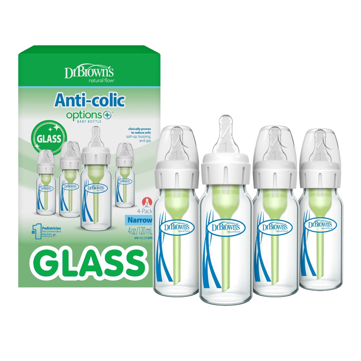 Dr. Brown's Anti-Colic Options+ Narrow Glass Baby Bottle, 8 oz/250 mL, with Level 1 Slow Flow Nipple, BPA-Free, 0m+, 1 Pack - Jansha Store