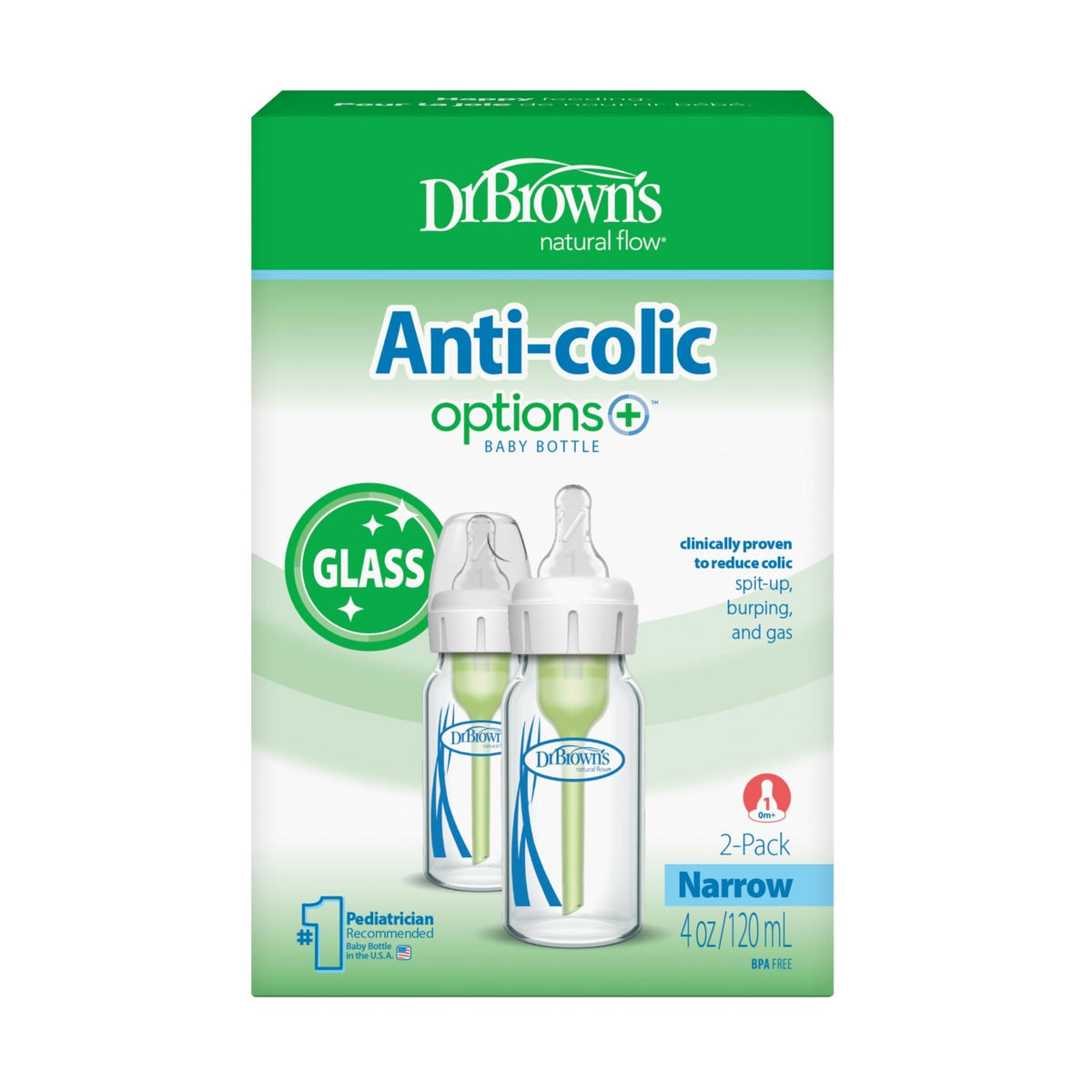 Dr. Brown's Anti-Colic Options+ Narrow Glass Baby Bottle, 8 oz/250 mL, with Level 1 Slow Flow Nipple, BPA-Free, 0m+, 1 Pack - Jansha Store