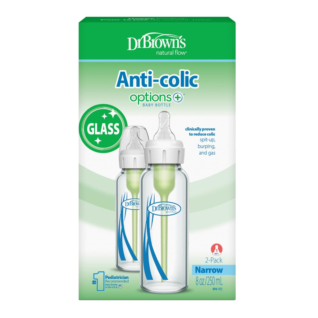 Dr. Brown's Anti-Colic Options+ Narrow Glass Baby Bottle, 8 oz/250 mL, with Level 1 Slow Flow Nipple, BPA-Free, 0m+, 1 Pack - Jansha Store