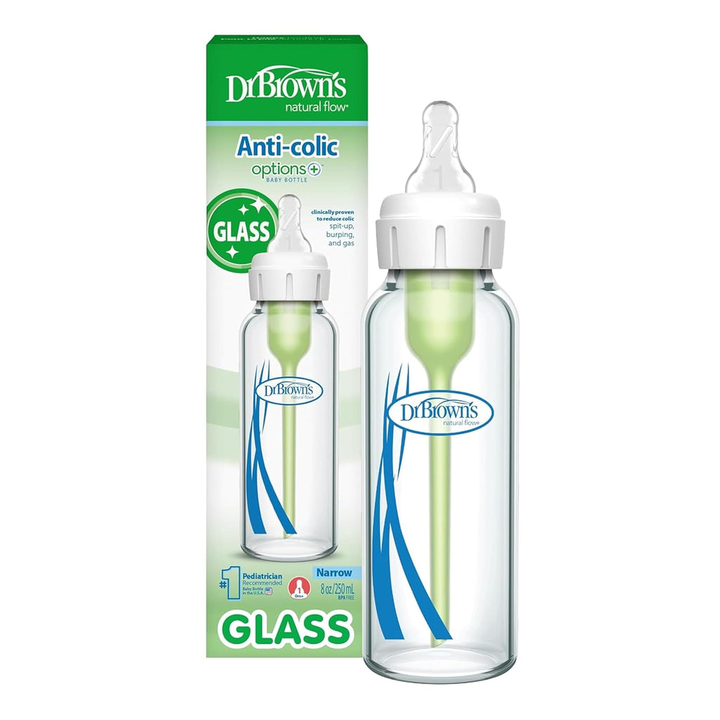 Dr. Brown's Anti-Colic Options+ Narrow Glass Baby Bottle, 8 oz/250 mL, with Level 1 Slow Flow Nipple, BPA-Free, 0m+, 1 Pack - Jansha Store