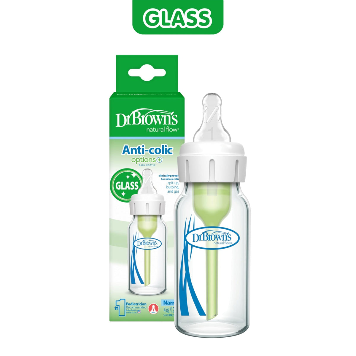 Dr. Brown's Anti-Colic Options+ Narrow Glass Baby Bottle, 8 oz/250 mL, with Level 1 Slow Flow Nipple, BPA-Free, 0m+, 1 Pack - Jansha Store
