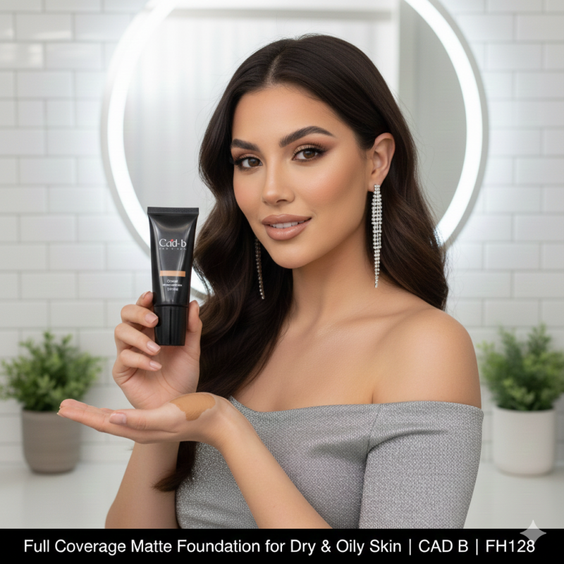 Full coverage matte foundation bottle for dry and oily skin, shade CAD B