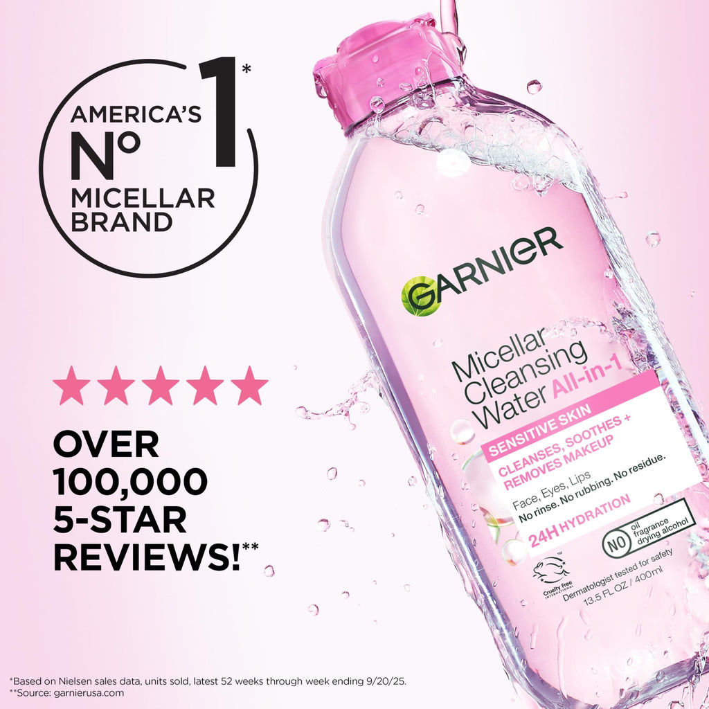 Garnier Micellar Water, Hydrating Facial Cleanser & Makeup Remover, Suitable for Sensitive Skin, Vegan, Cruelty Free, 13.5 Fl Oz (400mL), 1 Count - Jansha Store