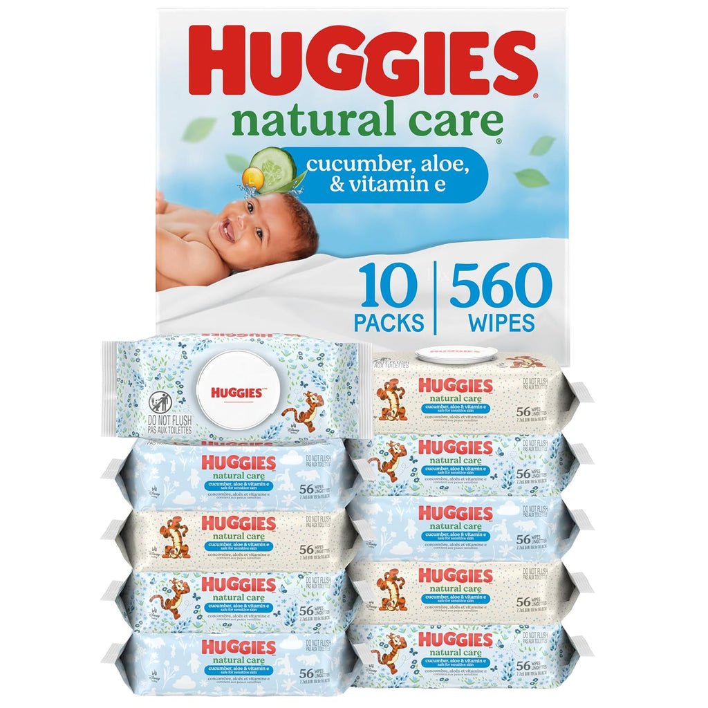 Huggies Natural Care Cucumber, Aloe and Vitamin E Baby Wipes, Hypoallergenic, Scented, 10 Flip-Top Packs (560 Wipes Total), Packaging May Vary - Jansha Store