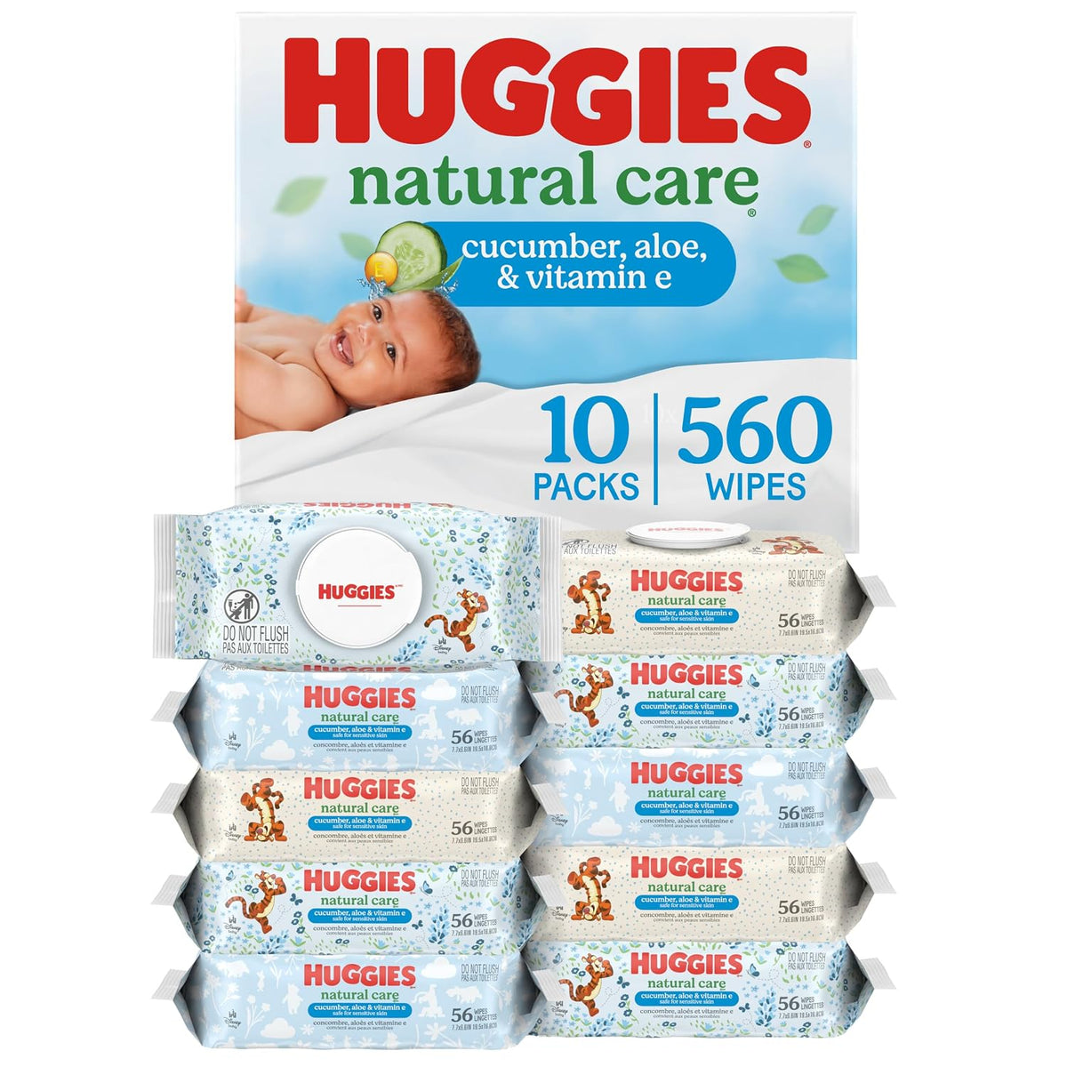 Huggies Natural Care Cucumber, Aloe and Vitamin E Baby Wipes, Hypoallergenic, Scented, 10 Flip-Top Packs (560 Wipes Total), Packaging May Vary - Jansha Store