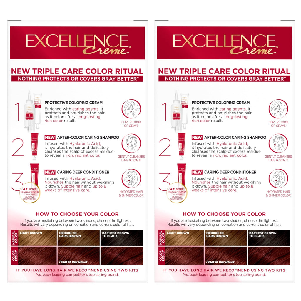 L'Oreal Paris Excellence Crème Permanent Hair Dye, Triple Care Hair Color with Hyaluronic Acid for 100% Gray Coverage, 4 Dark Brown, 1 Kit (Packaging May Vary) - Jansha Store