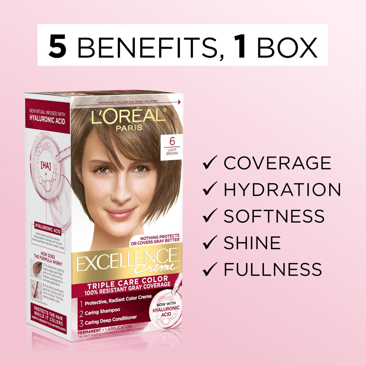 L'Oreal Paris Excellence Crème Permanent Hair Dye, Triple Care Hair Color with Hyaluronic Acid for 100% Gray Coverage, 4 Dark Brown, 1 Kit (Packaging May Vary) - Jansha Store