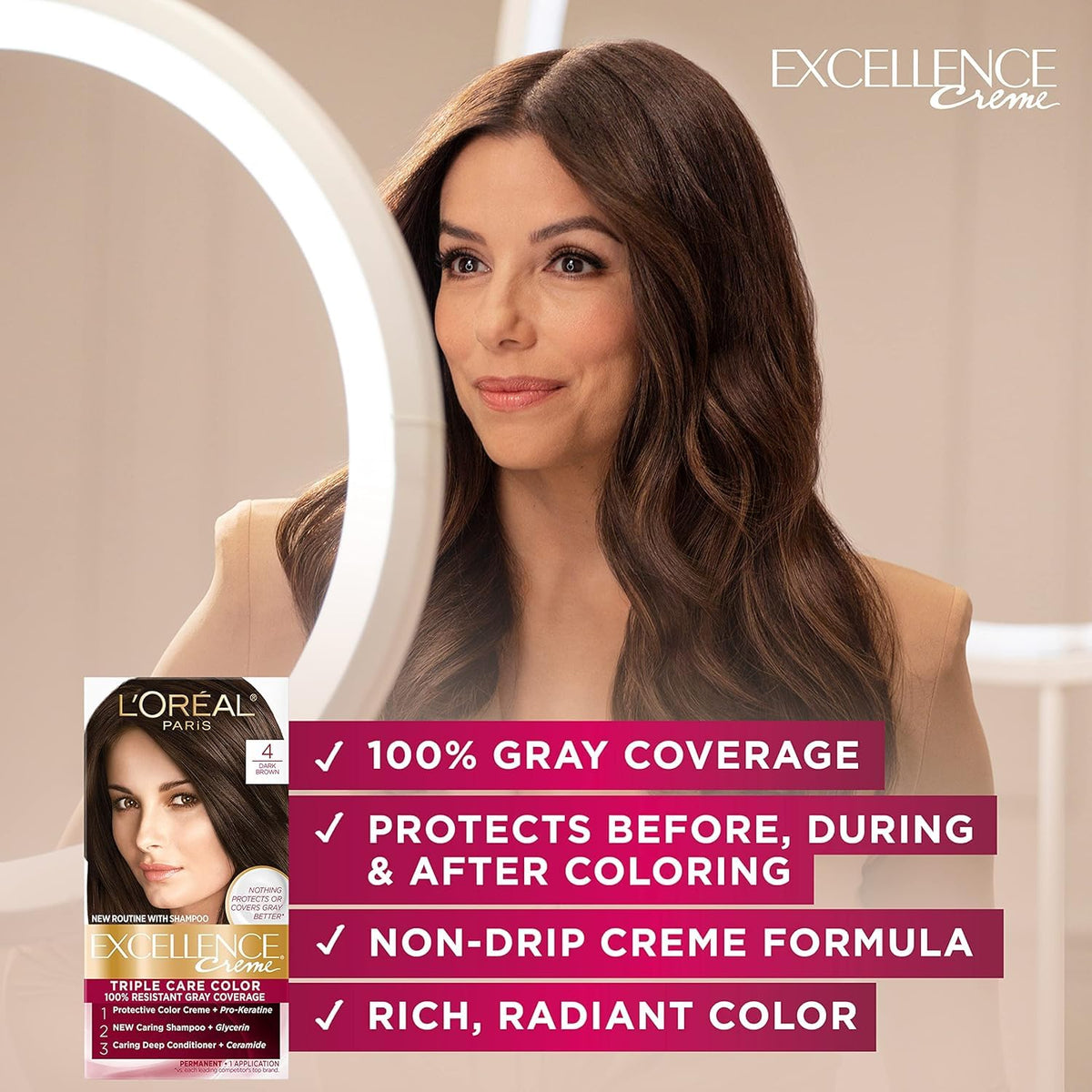 L'Oreal Paris Excellence Crème Permanent Hair Dye, Triple Care Hair Color with Hyaluronic Acid for 100% Gray Coverage, 4 Dark Brown, 1 Kit (Packaging May Vary) - Jansha Store