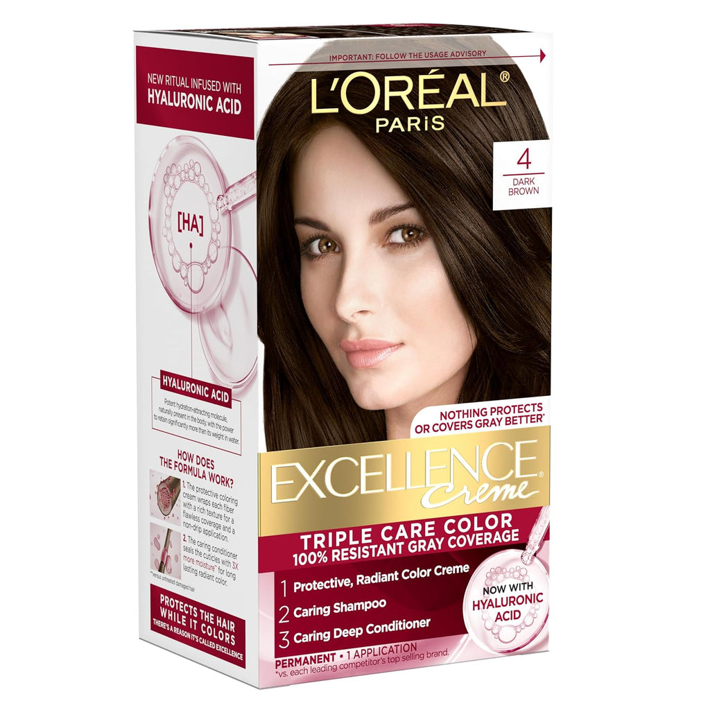 L'Oreal Paris Excellence Crème Permanent Hair Dye, Triple Care Hair Color with Hyaluronic Acid for 100% Gray Coverage, 4 Dark Brown, 1 Kit (Packaging May Vary) - Jansha Store