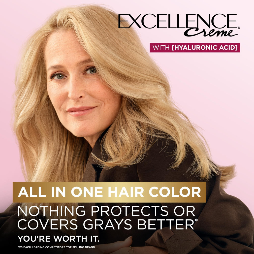 L'Oreal Paris Excellence Crème Permanent Hair Dye, Triple Care Hair Color with Hyaluronic Acid for 100% Gray Coverage, 4 Dark Brown, 1 Kit (Packaging May Vary) - Jansha Store