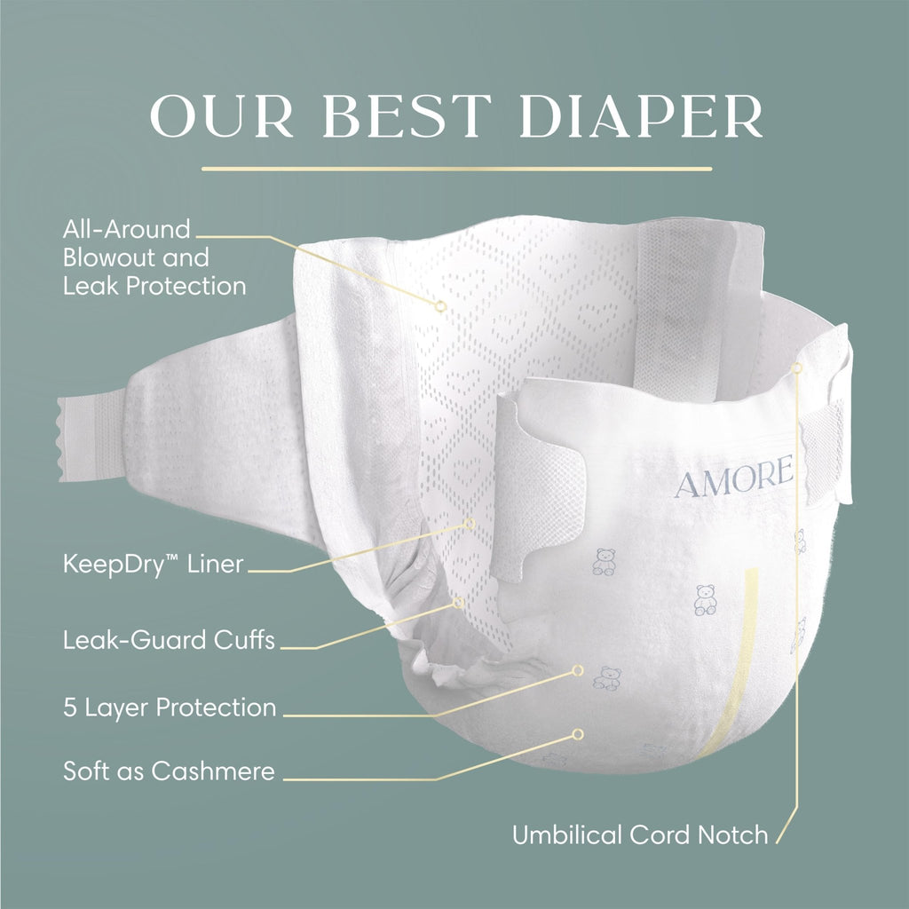 Pampers Amore, Size 0 (up to 10 lbs), 128 Count, Our Best Diaper – Hypoallergenic & Fragrance Free, Up to 100% Leakproof, Soft as Cashmere - Jansha Store