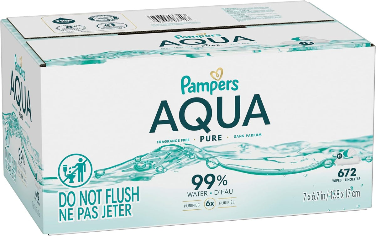 Pampers Aqua Pure Baby Wipes, Unscented, Fragrance Free, 99% Water, Water Based, Multi-Use, 672 Wipes Total (12X Flip-Top Packs) - Jansha Store