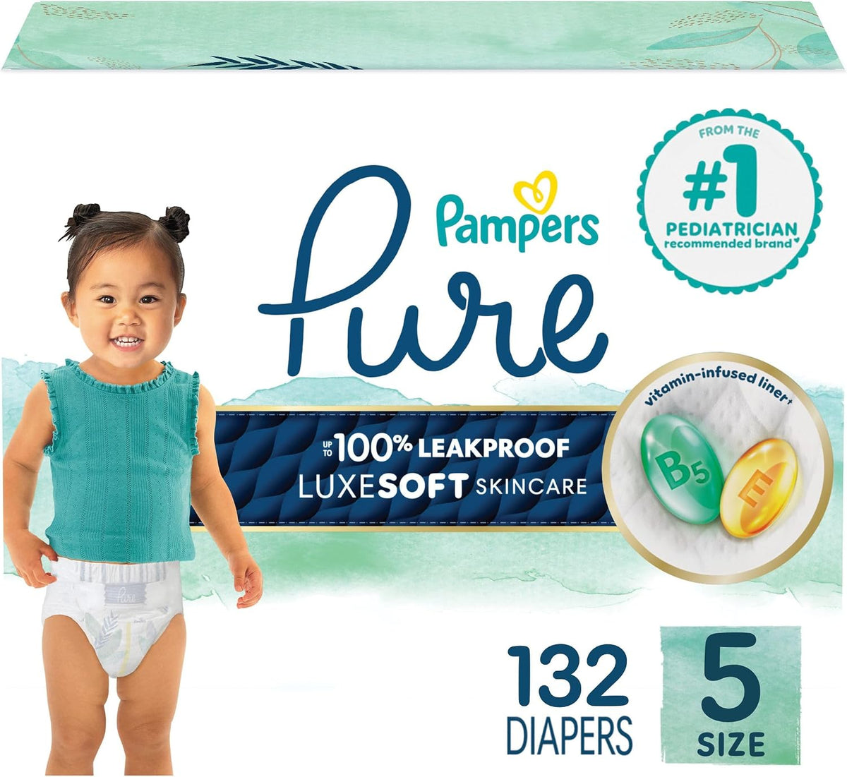 Pampers Pure Baby Diapers, Size 5 (27+ lbs), 132 - Jansha Store