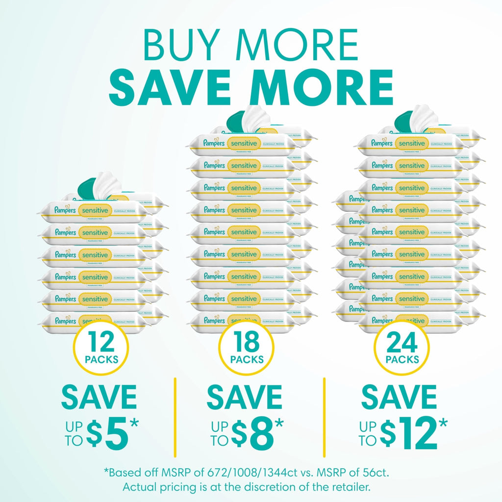 Pampers Sensitive Baby Wipes, Unscented, Fragrance Free, Clinically Proven, Water Based, Hypoallergenic, Multi-Use, Hand Wipes, 1008 Wipes Total (18X Flip-Top Packs) - Jansha Store