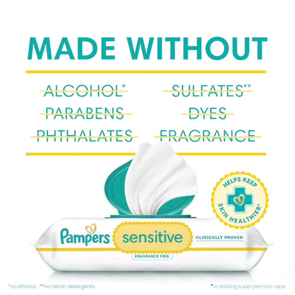 Pampers Sensitive Baby Wipes, Unscented, Fragrance Free, Clinically Proven, Water Based, Hypoallergenic, Multi-Use, Hand Wipes, 1008 Wipes Total (18X Flip-Top Packs) - Jansha Store