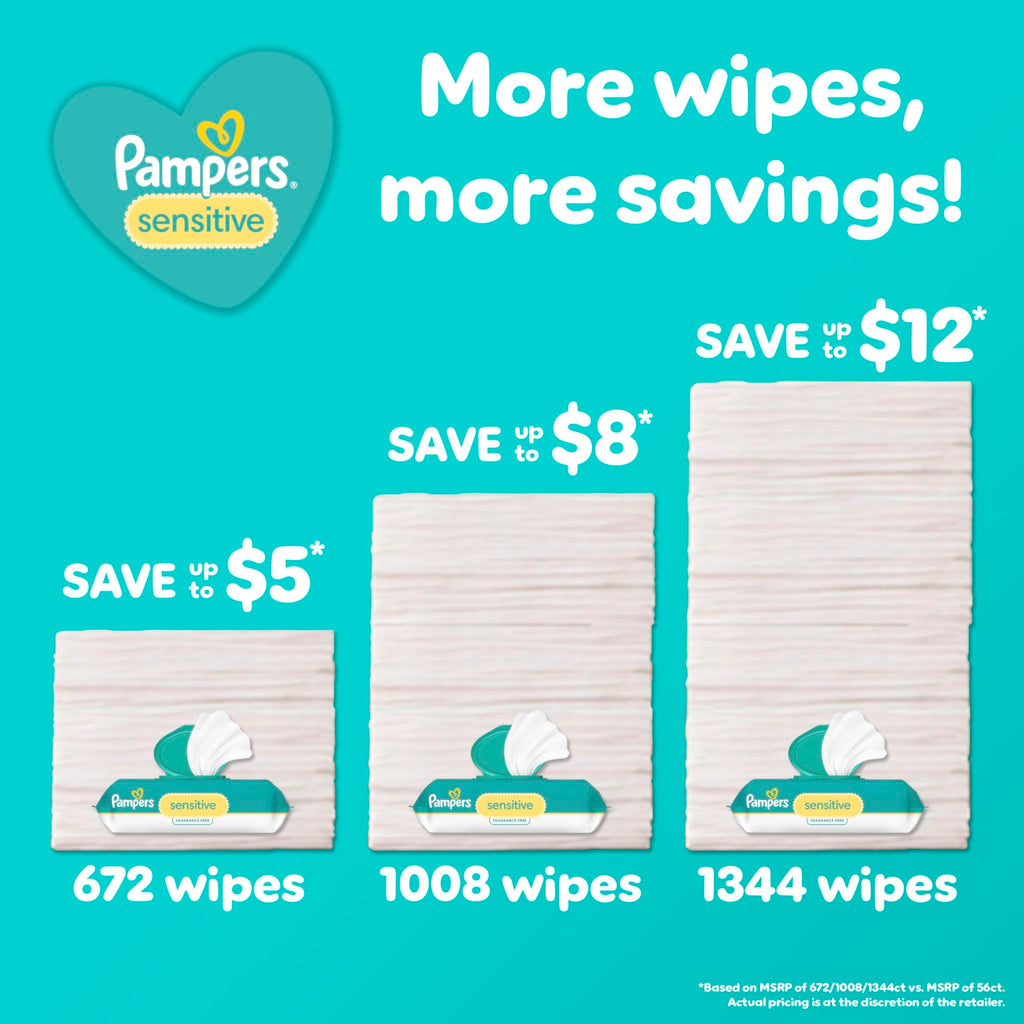 Pampers Sensitive Baby Wipes, Unscented, Fragrance Free, Clinically Proven, Water Based, Hypoallergenic, Multi-Use, Hand Wipes, 1008 Wipes Total (18X Flip-Top Packs) - Jansha Store