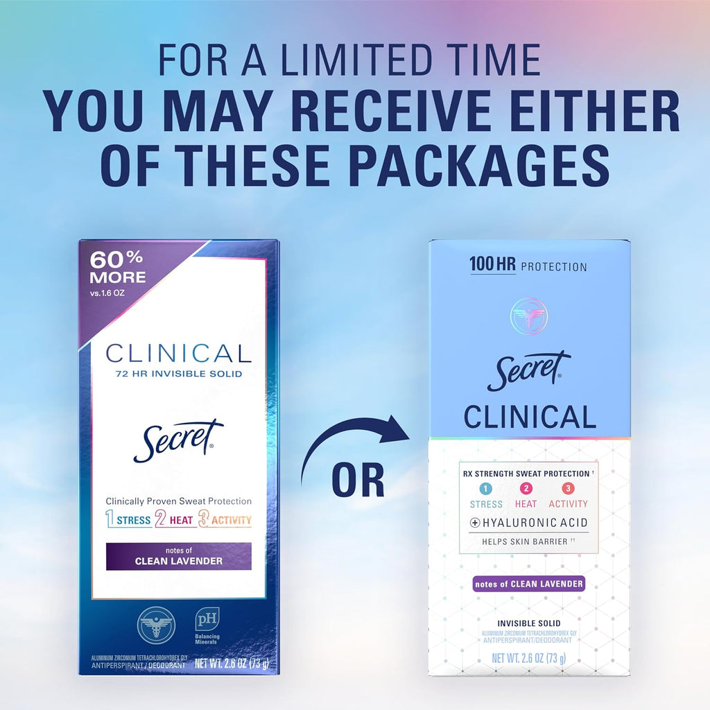 Secret Clinical Strength 100HR Sweat & Odor, Invisible Solid Antiperspirant Deodorant for Women, 3X Stress Protection with Hyaluronic Acid, PH Balanced, Clean Lavender Scent, 2.6 oz - Jansha Store