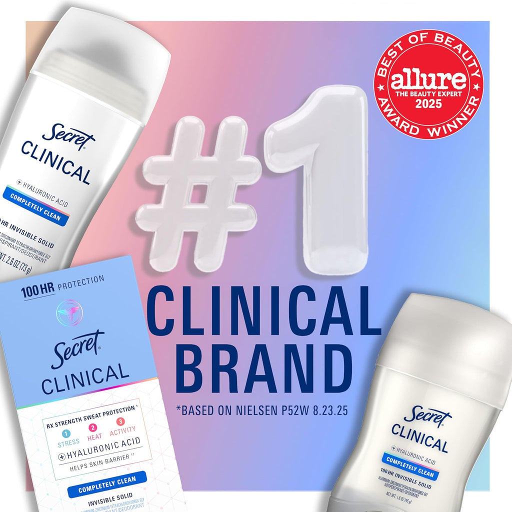 Secret Clinical Strength 100HR Sweat & Odor, Invisible Solid Antiperspirant Deodorant for Women, 3X Stress Protection with Hyaluronic Acid, PH Balanced, Clean Lavender Scent, 2.6 oz - Jansha Store