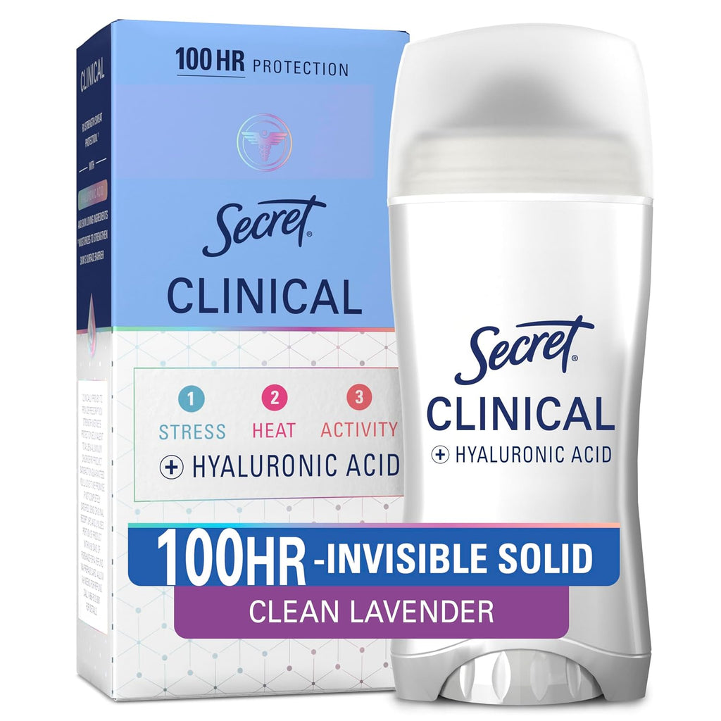 Secret Clinical Strength 100HR Sweat & Odor, Invisible Solid Antiperspirant Deodorant for Women, 3X Stress Protection with Hyaluronic Acid, PH Balanced, Clean Lavender Scent, 2.6 oz - Jansha Store