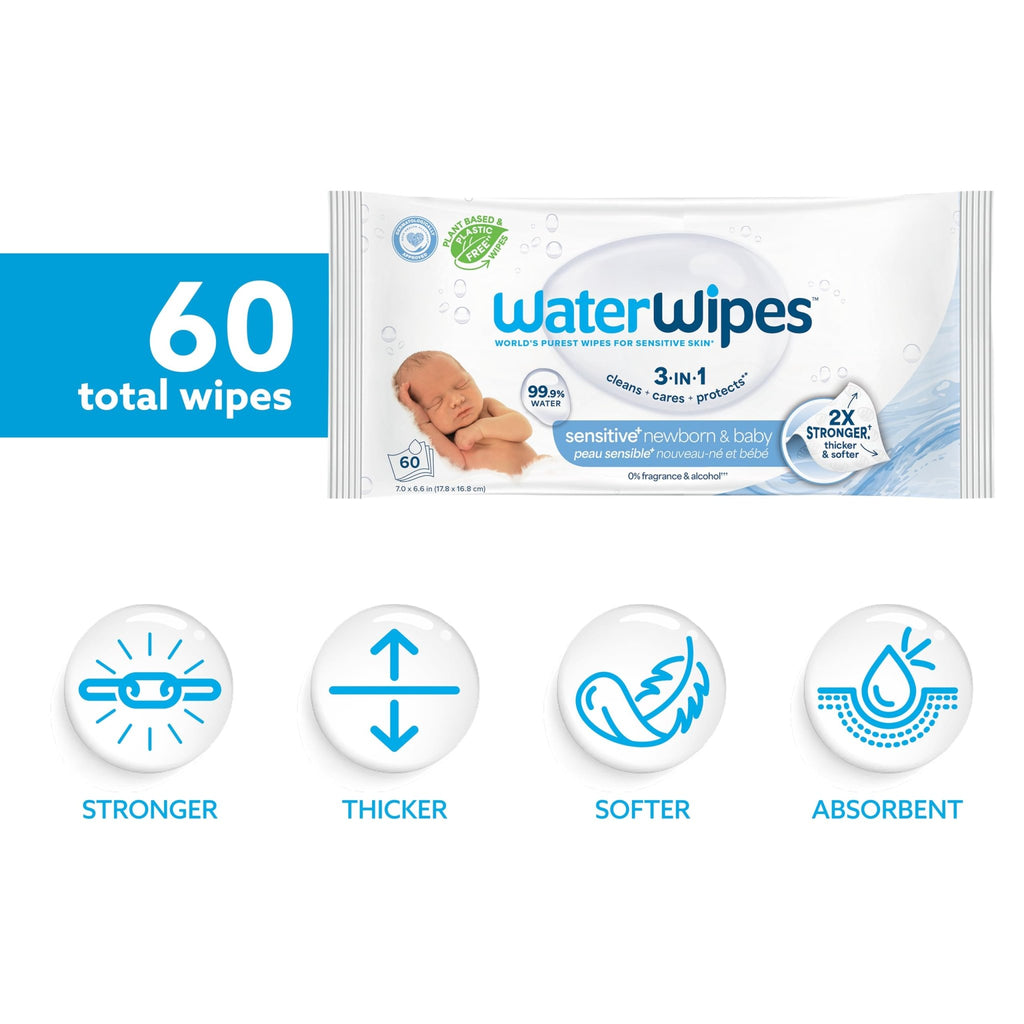 WaterWipes Sensitive+ Newborn & Baby Wipes, 3-In-1 Cleans, Cares, Protects, 99.9% Water, Unscented & Hypoallergenic, 720 Count (12 Packs) - Jansha Store